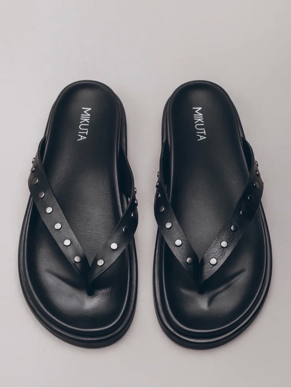 Mikuta Black Studded Leather Flip Flop Sandals